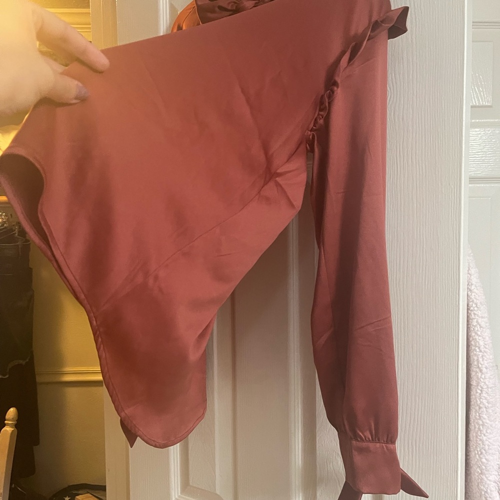 EXPRESS SATIN RUFFLE TIE NECK TOP - Picture 6 of 6